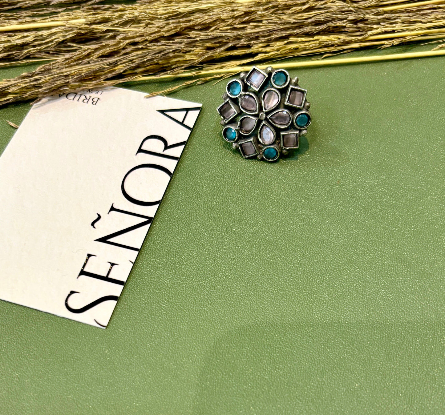 Noor Antique Mirror & Blue Stone Ring