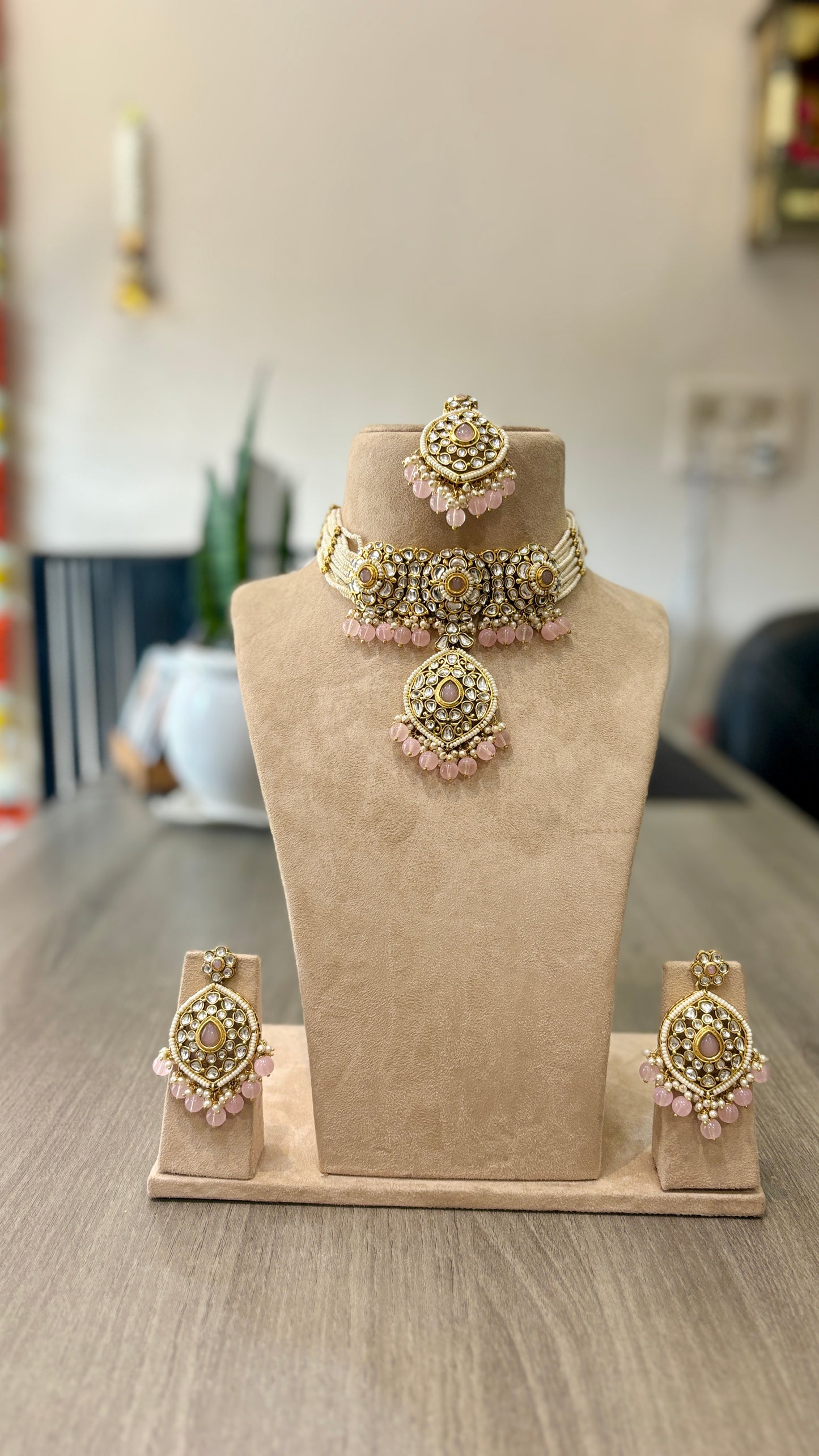 Blush Radiance Kundan Pearl Choker Set – Pastel Pink Stone Bridal Jewelry with Maangtikka