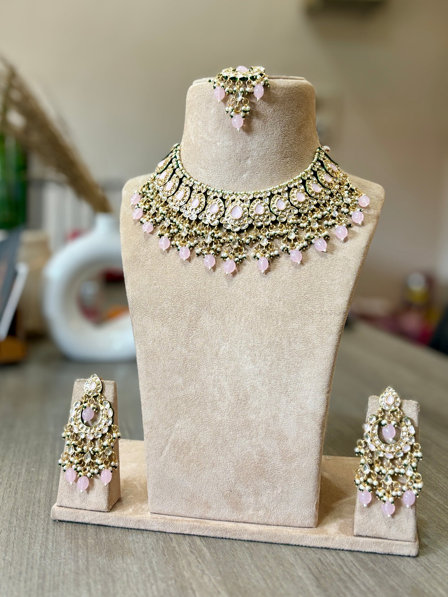 Blush Pink Kundan Choker Set with Stone Drops