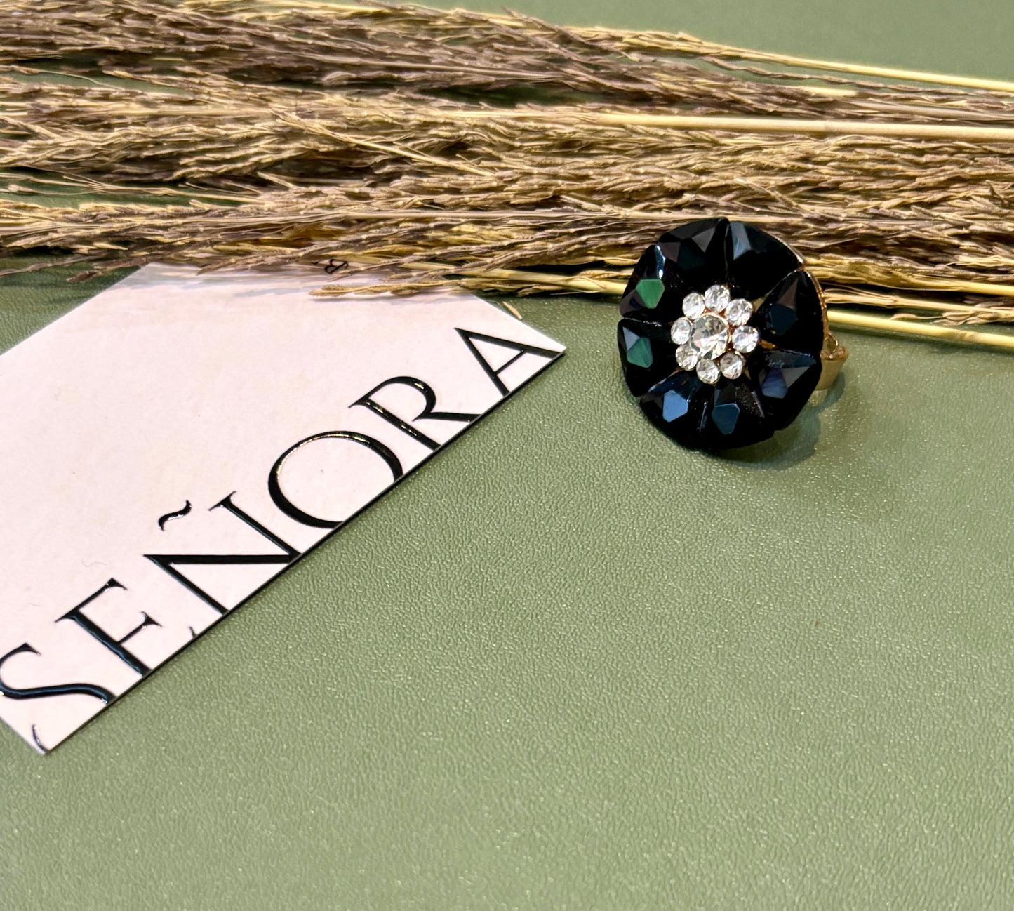 Black Crystal Bloom Cocktail Ring