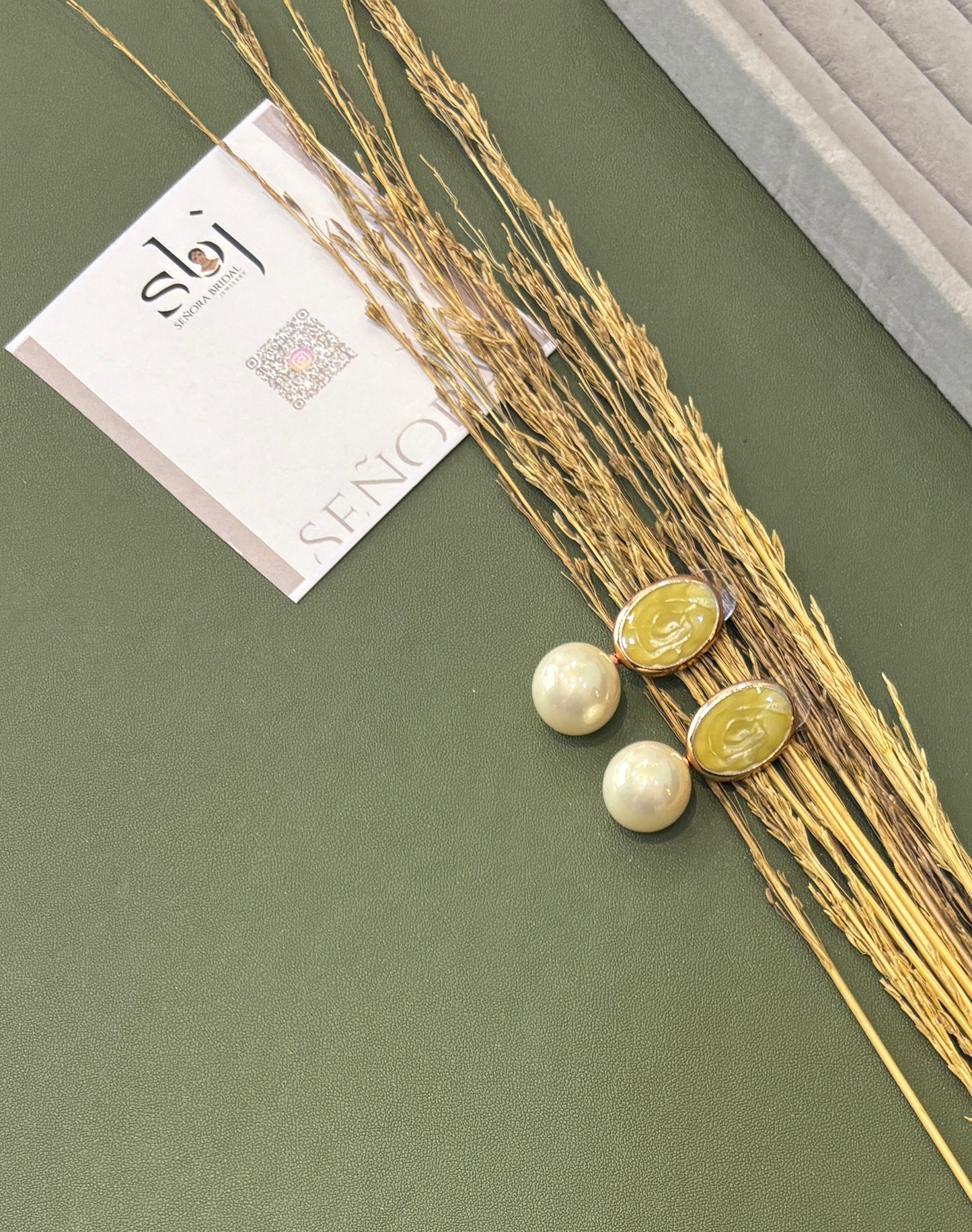 Vintage Pearl & Olive Cameo Stud Earrings