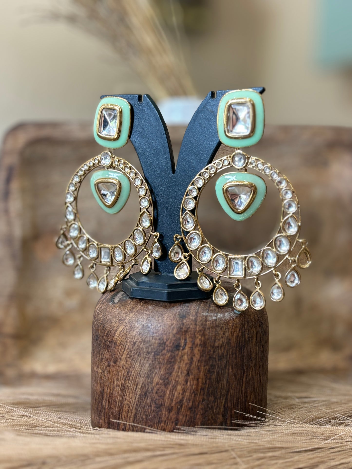 Mint Green Kundan Chandbali Earrings