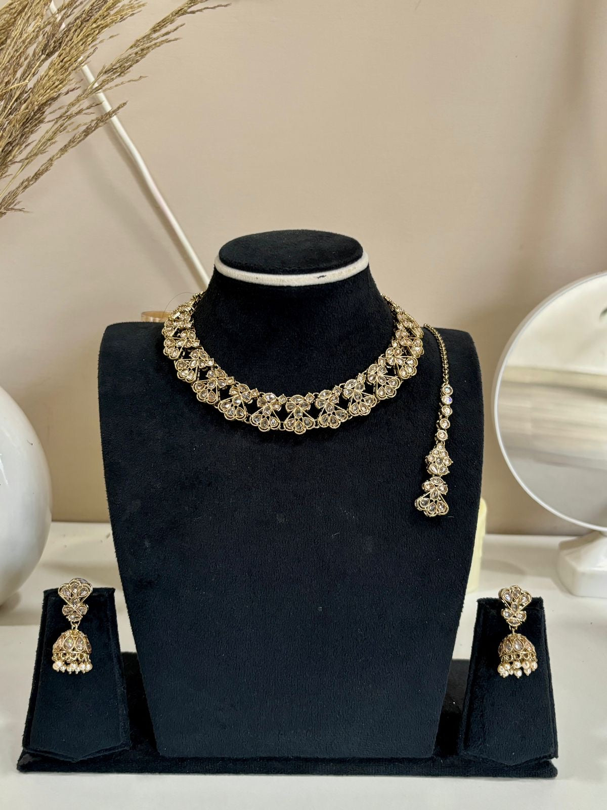 Antique Gold Floral Choker Necklace Set with Jhumkas