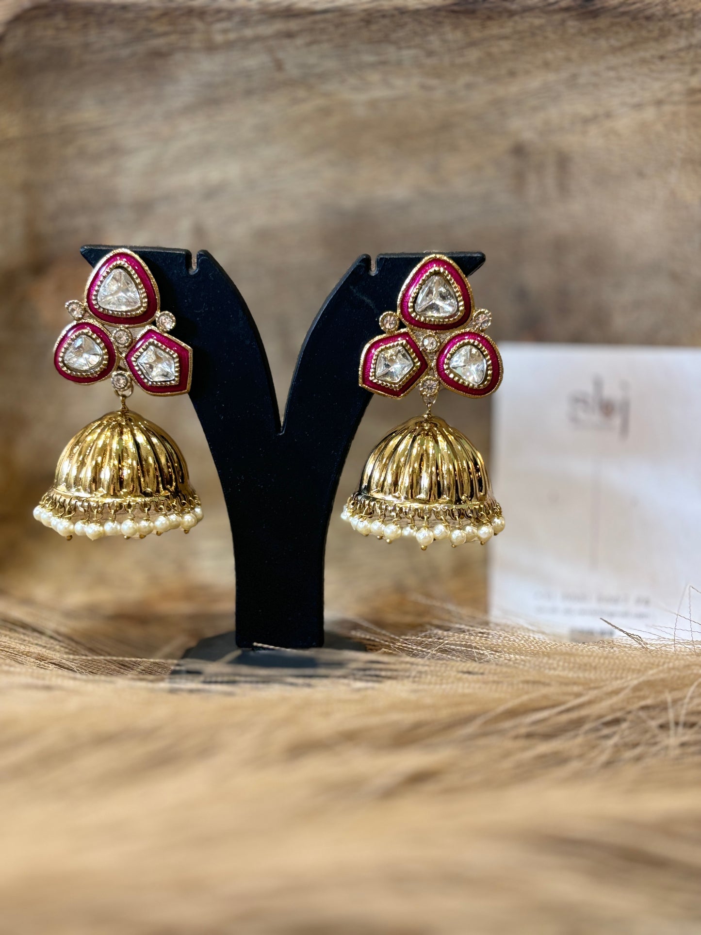 Ruby Pink Kundan Jhumka Earrings with Pearl Drop