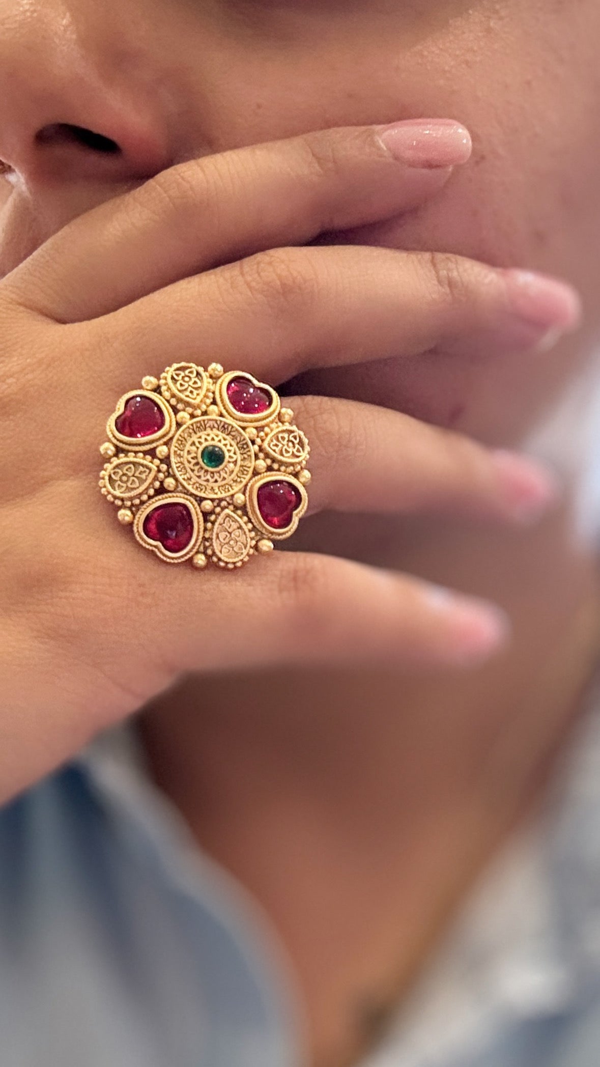 Antique Ruby Floral Adjustable Statement Ring