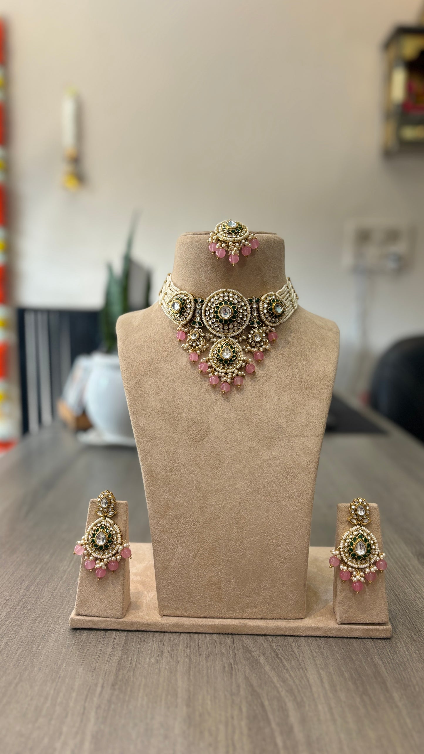 Ruhani Pearl Kundan Choker Set – Green & Pink Stone Bridal Necklace with Earrings