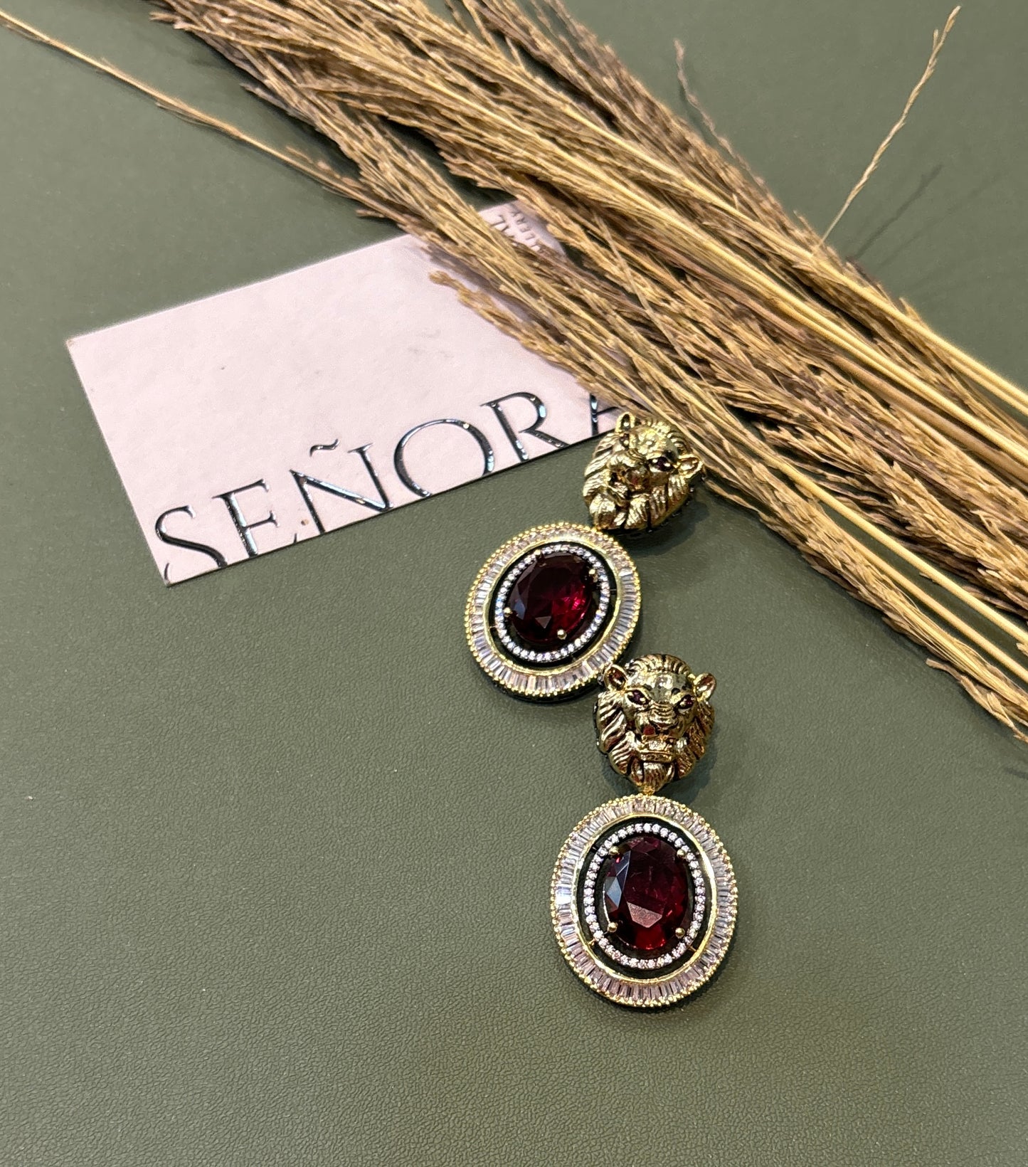 Royal Garnet Lion-Emblem Drop Earrings