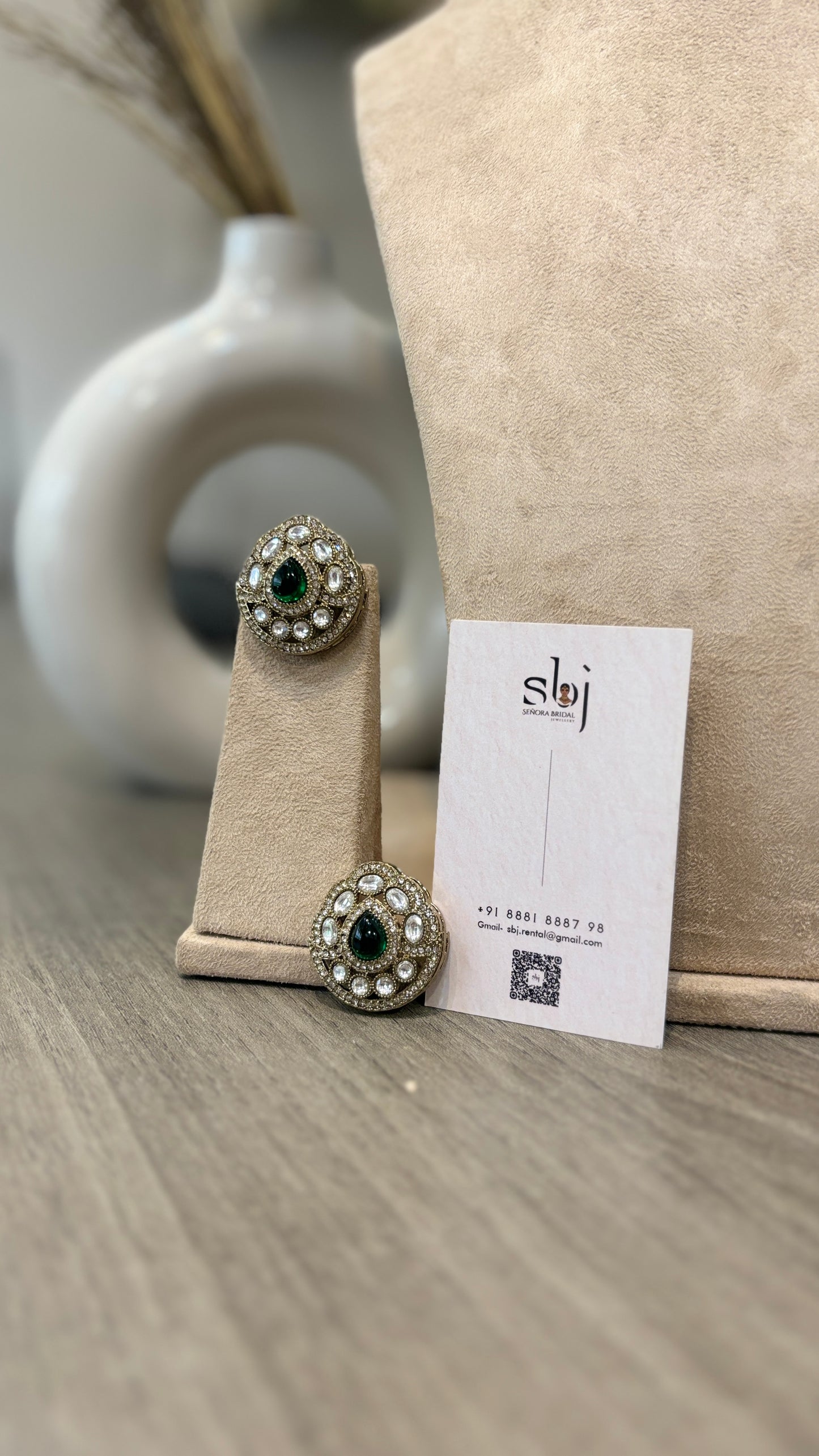 Antique Gold Finish Green Stone Kundan Statement Stud Earrings