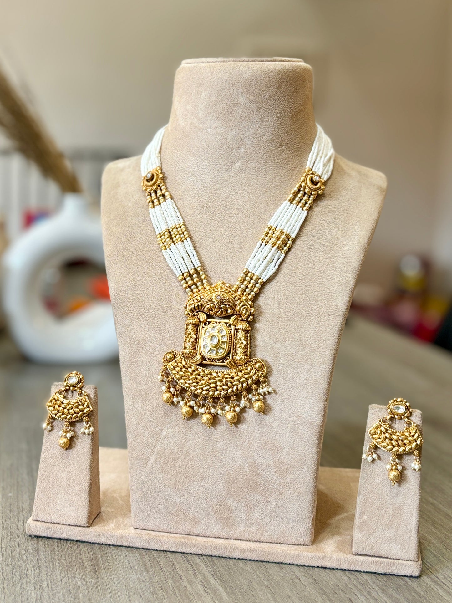 Temple Design Gold-Plated Necklace with Pearl Strands & Earrings
