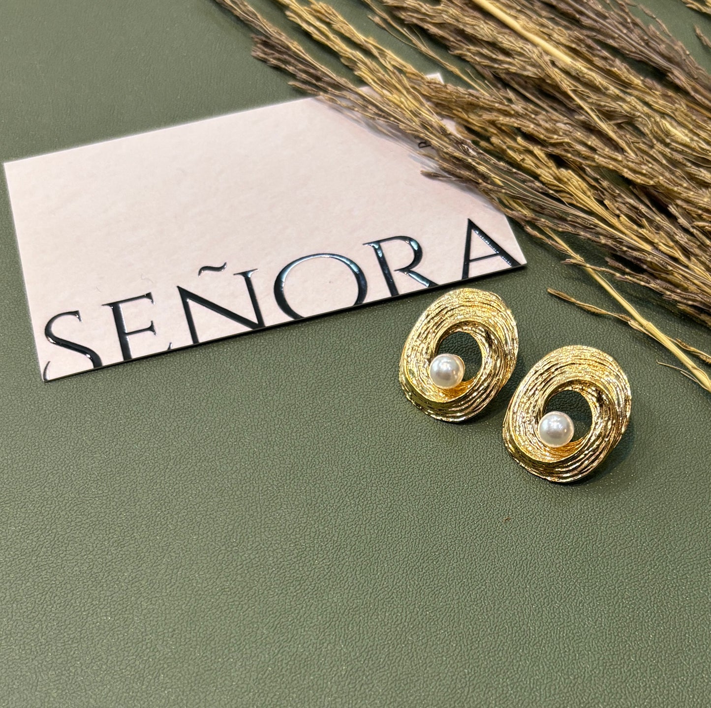 Celeste Gold Textured Pearl Studs