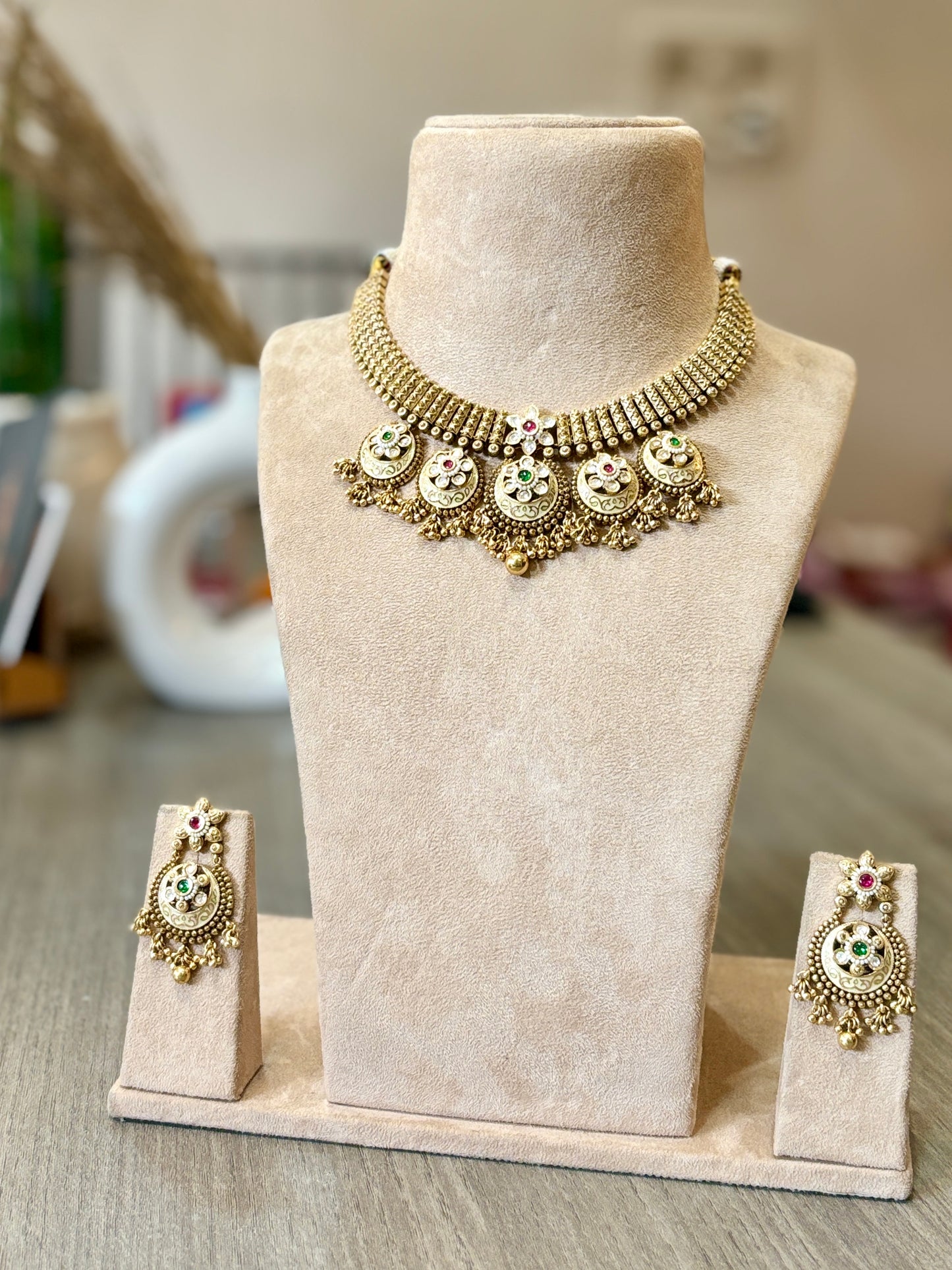 Royal Heritage Gold-Tone Temple Necklace Set with Statement Earrings