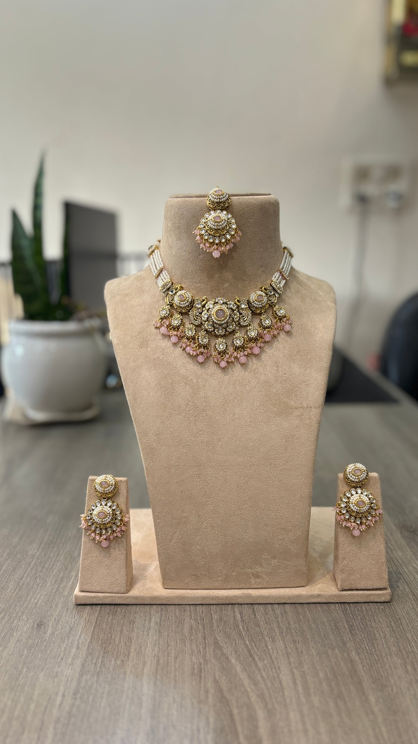 Blush Royale Kundan Necklace Set – Pink Beaded Bridal Ensemble