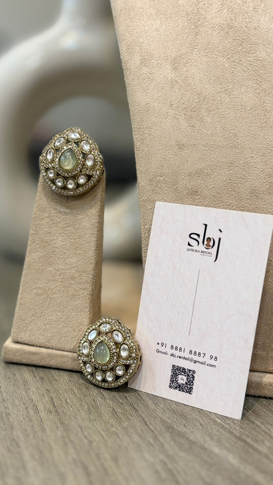 Antique Gold Finish Mint Stone Kundan Statement Stud Earrings