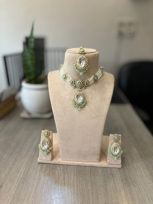 Emerald Aura Kundan Pearl Necklace Set