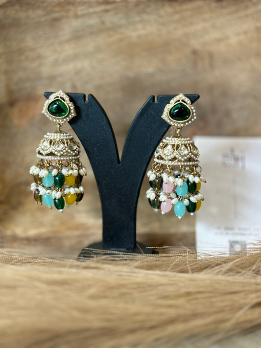 Emerald Green Multicolor Beaded Jhumka Earrings
