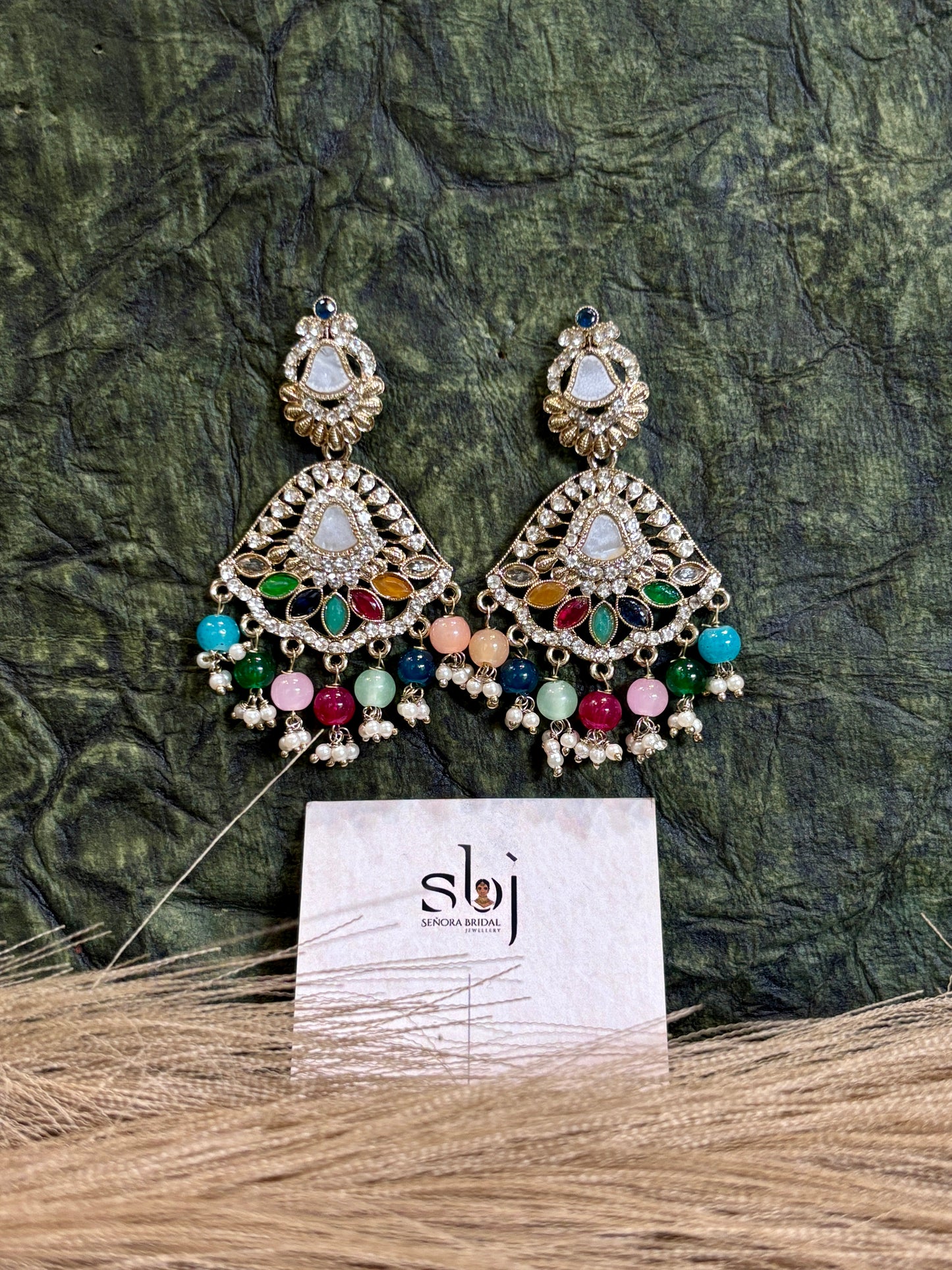 Multicolor Kundan Chandbali Earrings with Pearl & Bead Drops