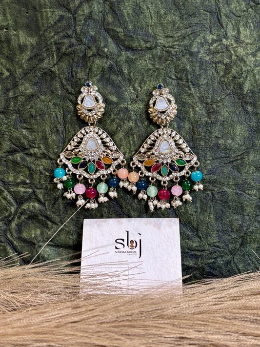 Multicolor Kundan Chandbali Earrings with Pearl & Bead Drops