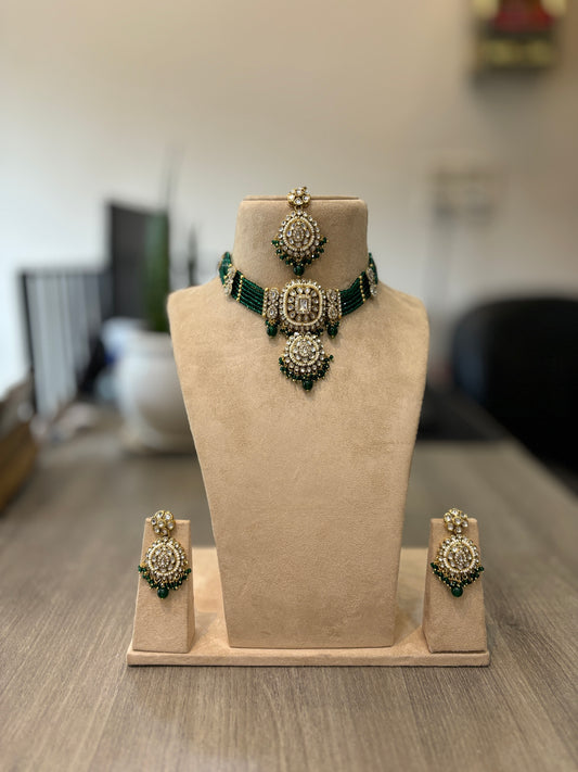 Emerald Beaded Polki Choker Set – Royal Heritage Charm