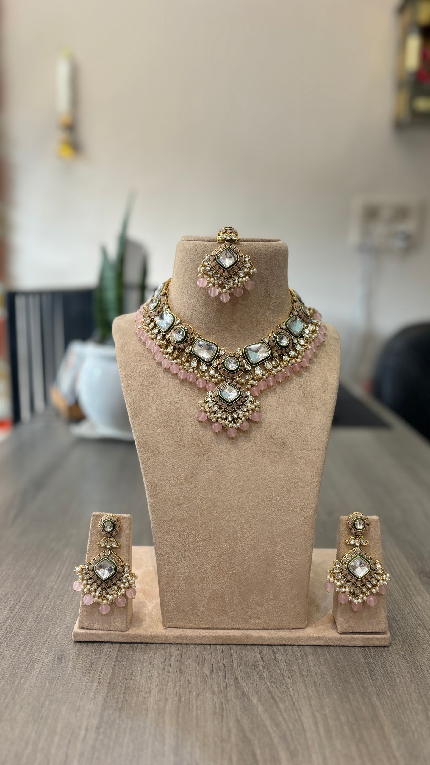Aarvi Blush Kundan Choker Set – Mirror Polki Necklace with Baby Pink Beads, Earrings & Teeka