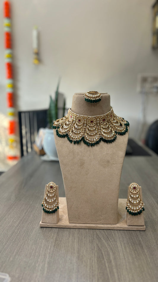Heritage Ruby Emerald Layered Kundan Choker Set – Gold Bridal Necklace with Earrings & Maangtikka