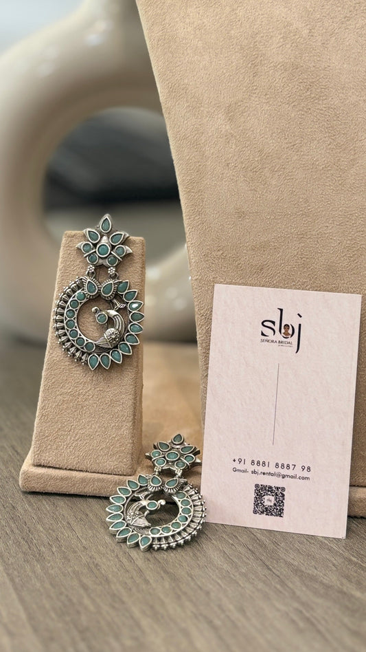 Mint Peacock Oxidized Statement Earrings