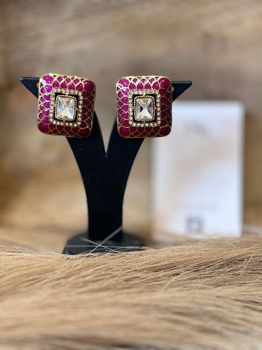 Ruby Red Square Crystal Statement Stud Earrings