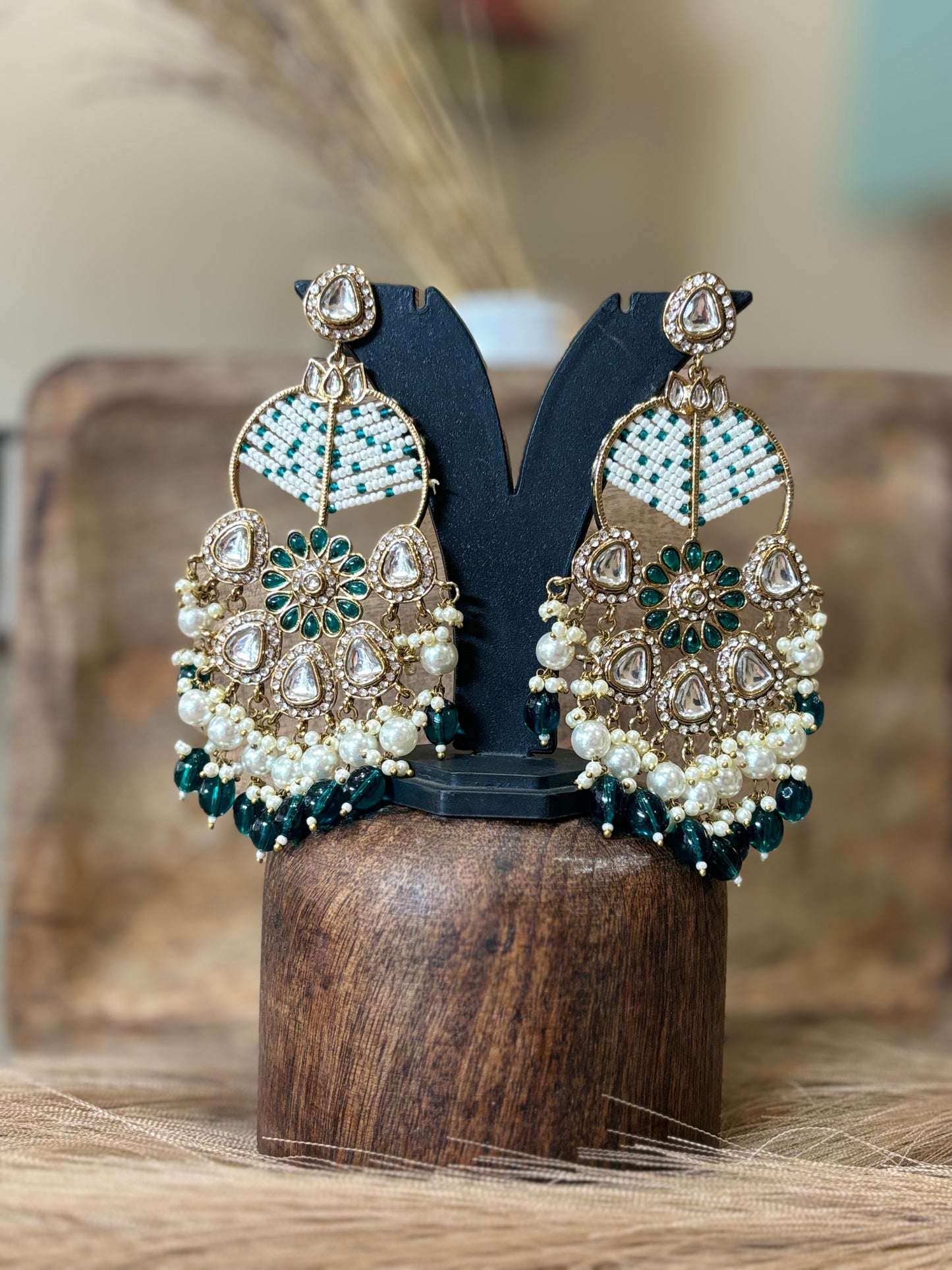 Emerald Beaded Chandbali Earrings