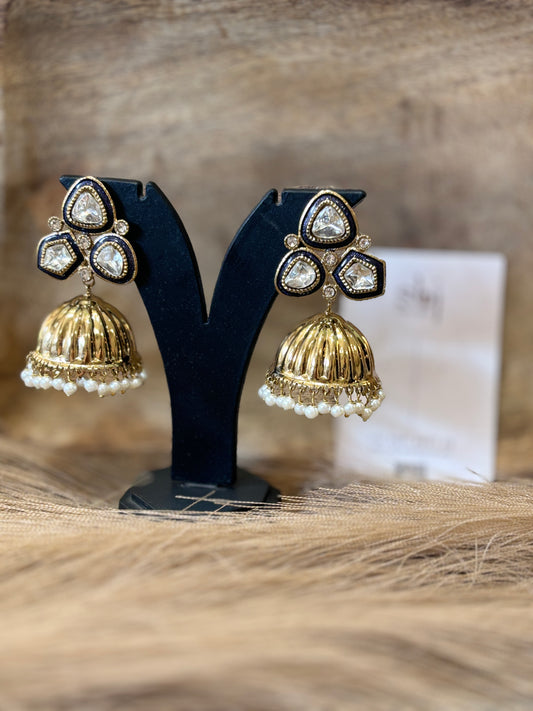 Royal Blue Kundan Jhumka Earrings with Pearl Drops | Gold Finish Ethnic Earrings