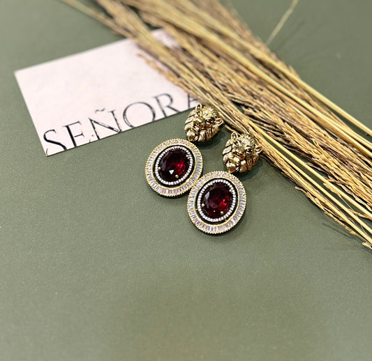 Royal Garnet Lion-Emblem Drop Earrings