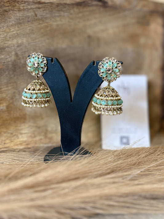 Mint Green Floral Kundan Jhumka Earrings
