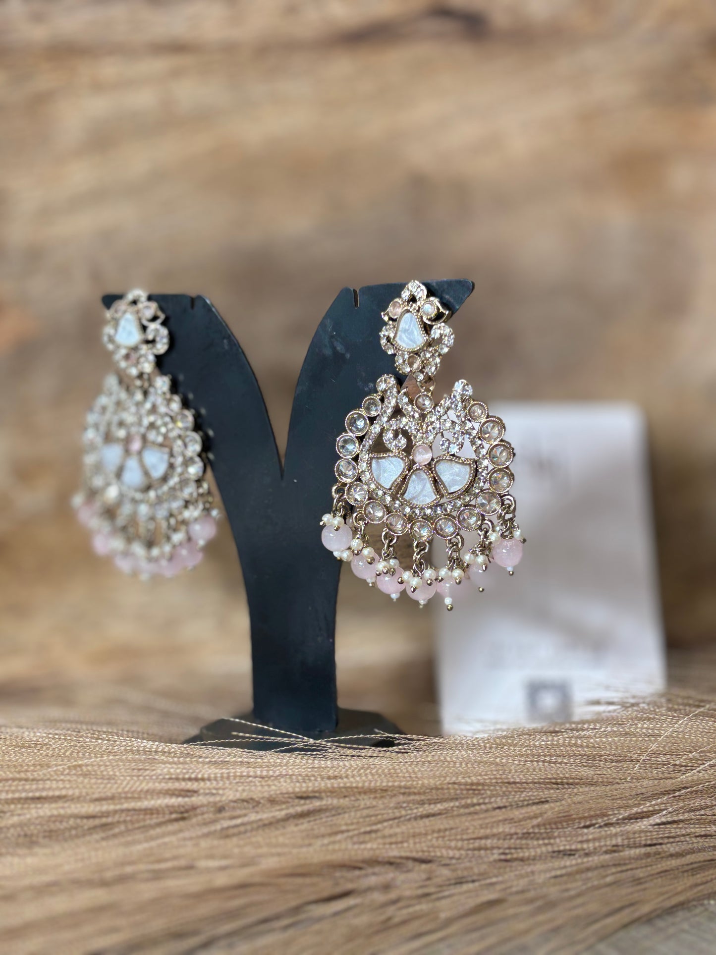 Blush Pink Kundan Chandbali Earrings with Pearl & Stone Drops