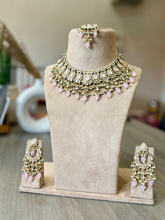 Blush Pink Kundan Choker Set with Stone Drops