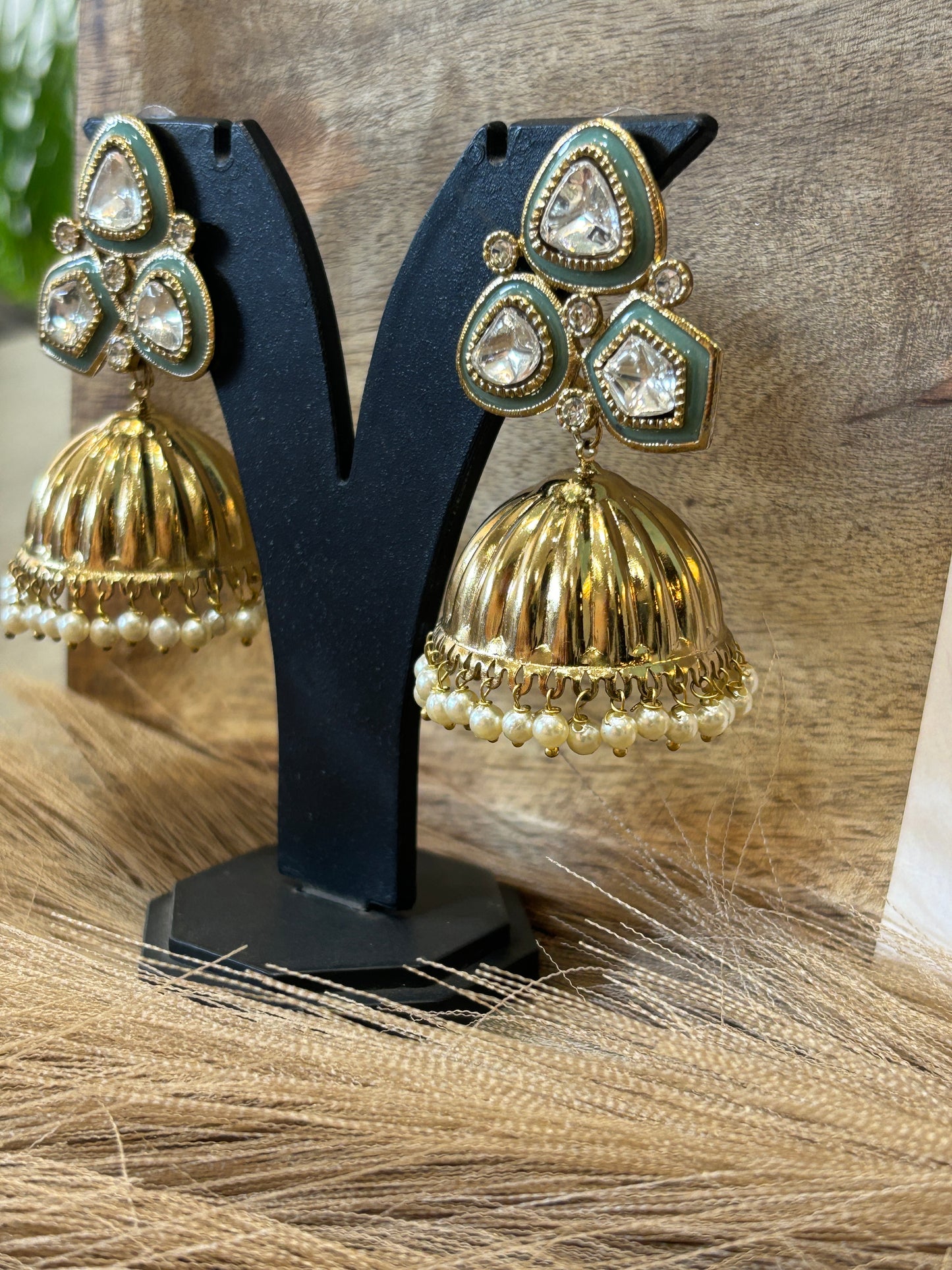 Mint Green Kundan Jhumka Earrings with Pearl Drops | Gold Finish Ethnic Earrings
