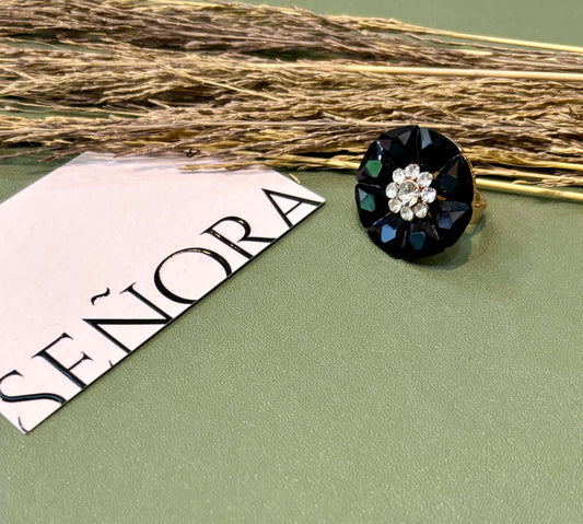 Black Crystal Bloom Cocktail Ring