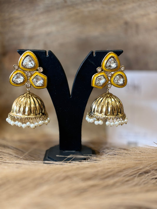 Mustard Yellow Kundan Jhumka Earrings with Pearl Drops