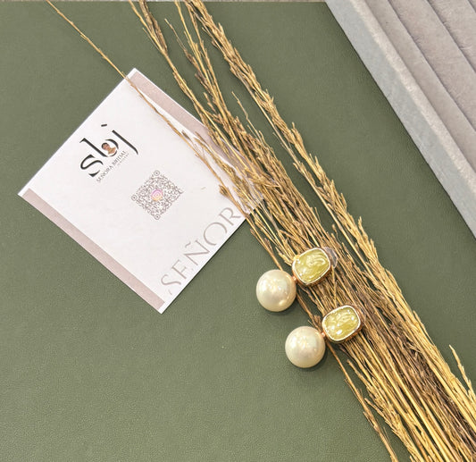 Olive Cameo & Pearl Drop Stud Earrings