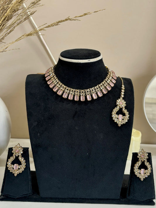 Pastel Pink Kundan Necklace Set with Earrings