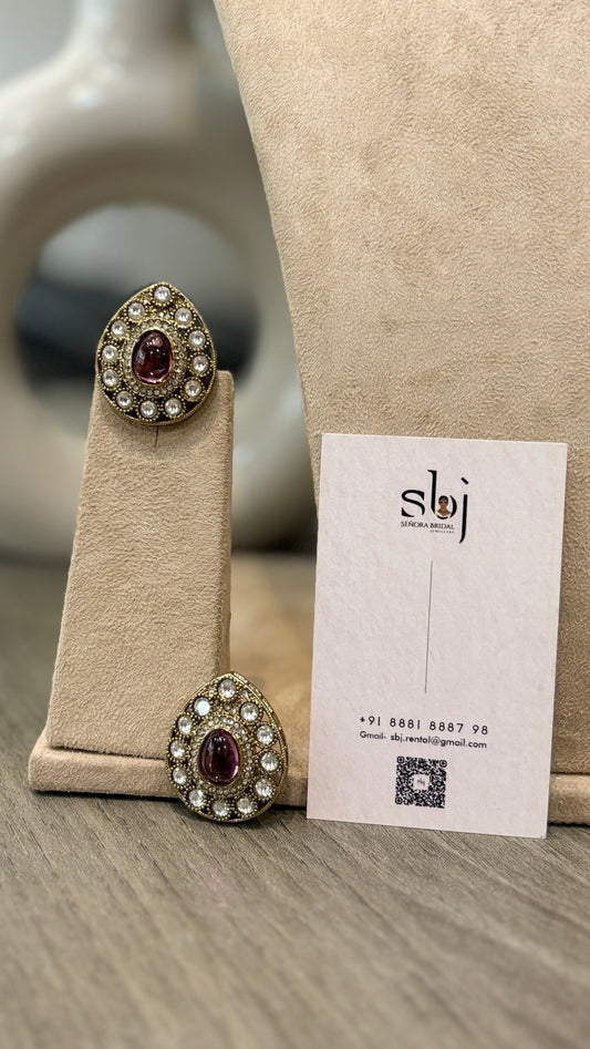 Antique Gold Finish Ruby Teardrop Kundan Stud Earrings
