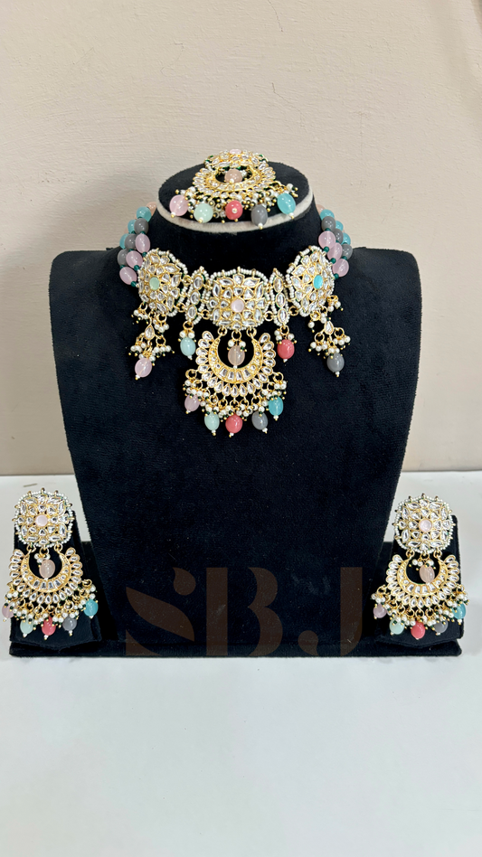 Royal Kundan Choker Set with Multicolor Beads & Matching Earrings
