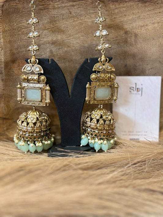 Mint Drop Polki-Inspired Long Jhumka Earrings with Pearl Detailing
