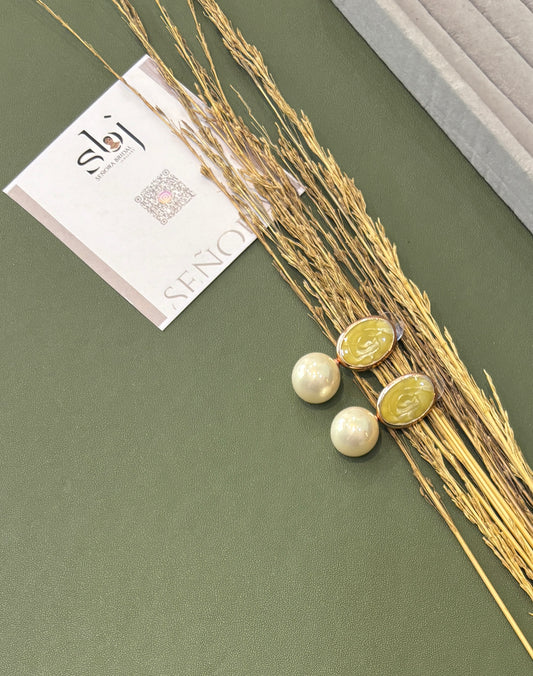 Vintage Pearl & Olive Cameo Stud Earrings