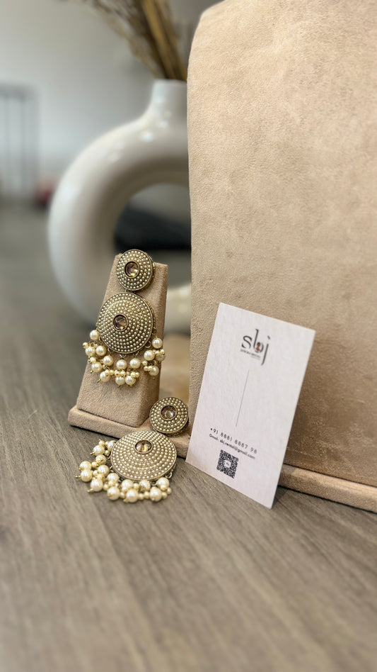 Antique Finish Pearl Disc Chandbali Earrings with Pearl Drops