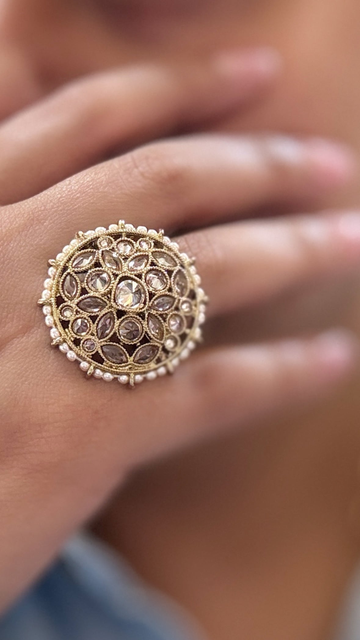 Royal Kundan Floral Statement Adjustable Ring with Pearl Border