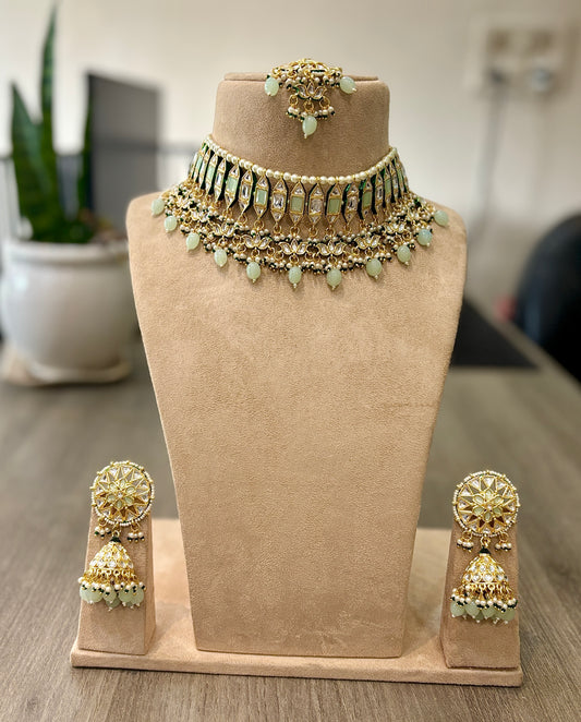 Amaira Mint Kundan Choker Set – Polki Necklace with Mint Drops, Jhumka Earrings & Maangtika