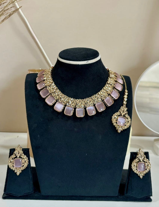 Pink Stone Kundan Necklace Set with Earrings & Maang Tikka