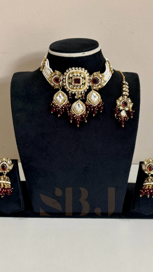 Regal Ruby Red Kundan Choker Set with Pearls & Maang Tikka