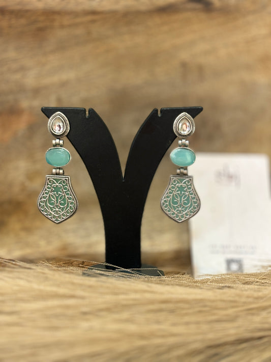 Oxidised Silver-Tone Mint Green Stone Statement Earrings