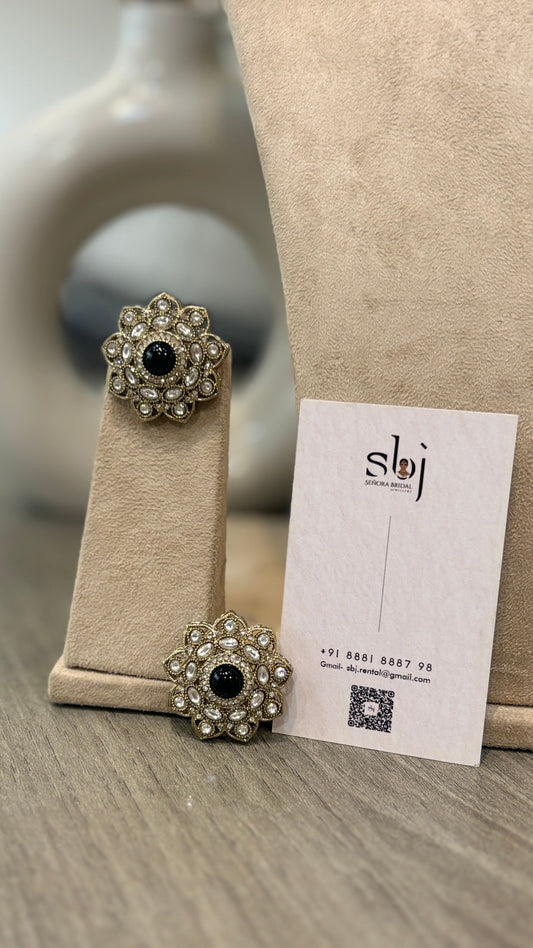 Antique Gold Finish Black Kundan Floral Statement Stud Earrings