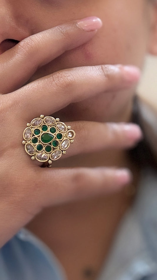 Emerald Kundan Floral Adjustable Statement Ring