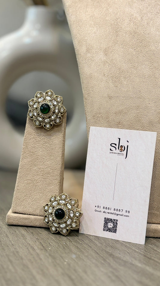 Antique Gold Finish Green Floral Kundan Statement Stud Earrings